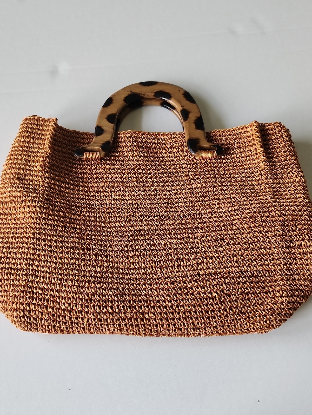 Woven Straw Tote Bag with Leopard wooden Handles - Tan